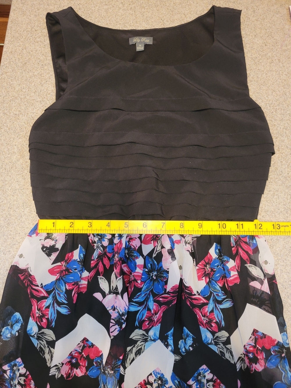 Lily Rose Black Bodice Floral Chevron Mini Dress Size Medium - Picture 9 of 10